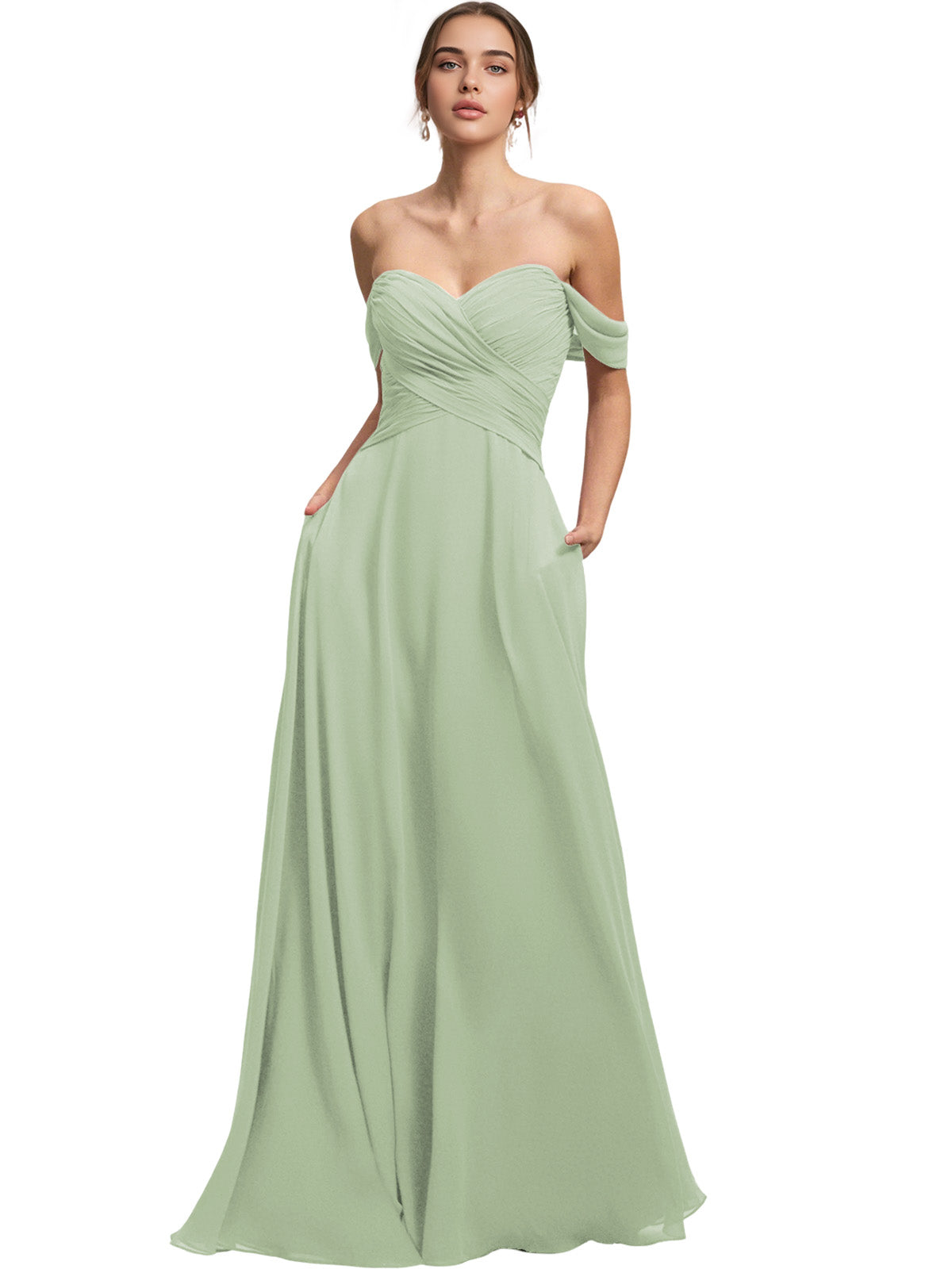 Off Shoulder Chiffon Bridesmaid Dress with Draped Bodice and A-Line Dress