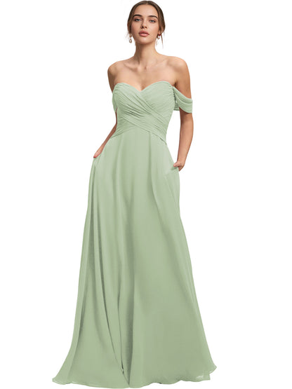 Off Shoulder Chiffon Bridesmaid Dress with Draped Bodice and A-Line Dress