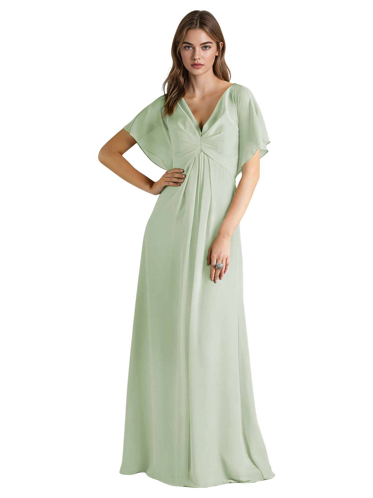 Short Sleeve V-Neck Chiffon Bridesmaid Dress with Gathered Waist