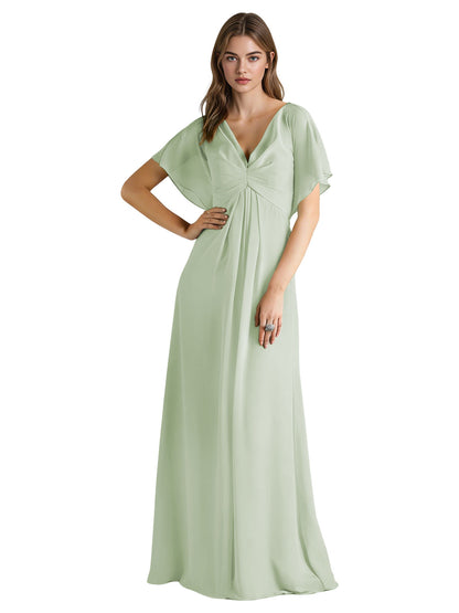 Short Sleeve V-Neck Chiffon Bridesmaid Dress with Gathered Waist