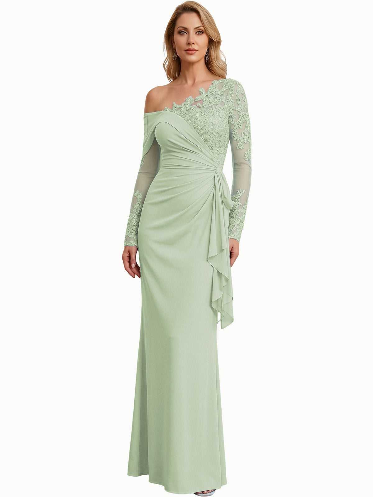 One Shoulder Mother of the Bride Gown Long Lace Sleeve Mermaid Dress with Draped Ruffle