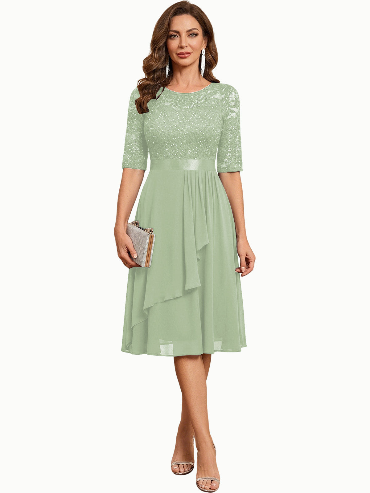 Knee Length Mother of the Bride Dress Sequined Lace Bodice Chiffon Skirt Formal Guest Outfit