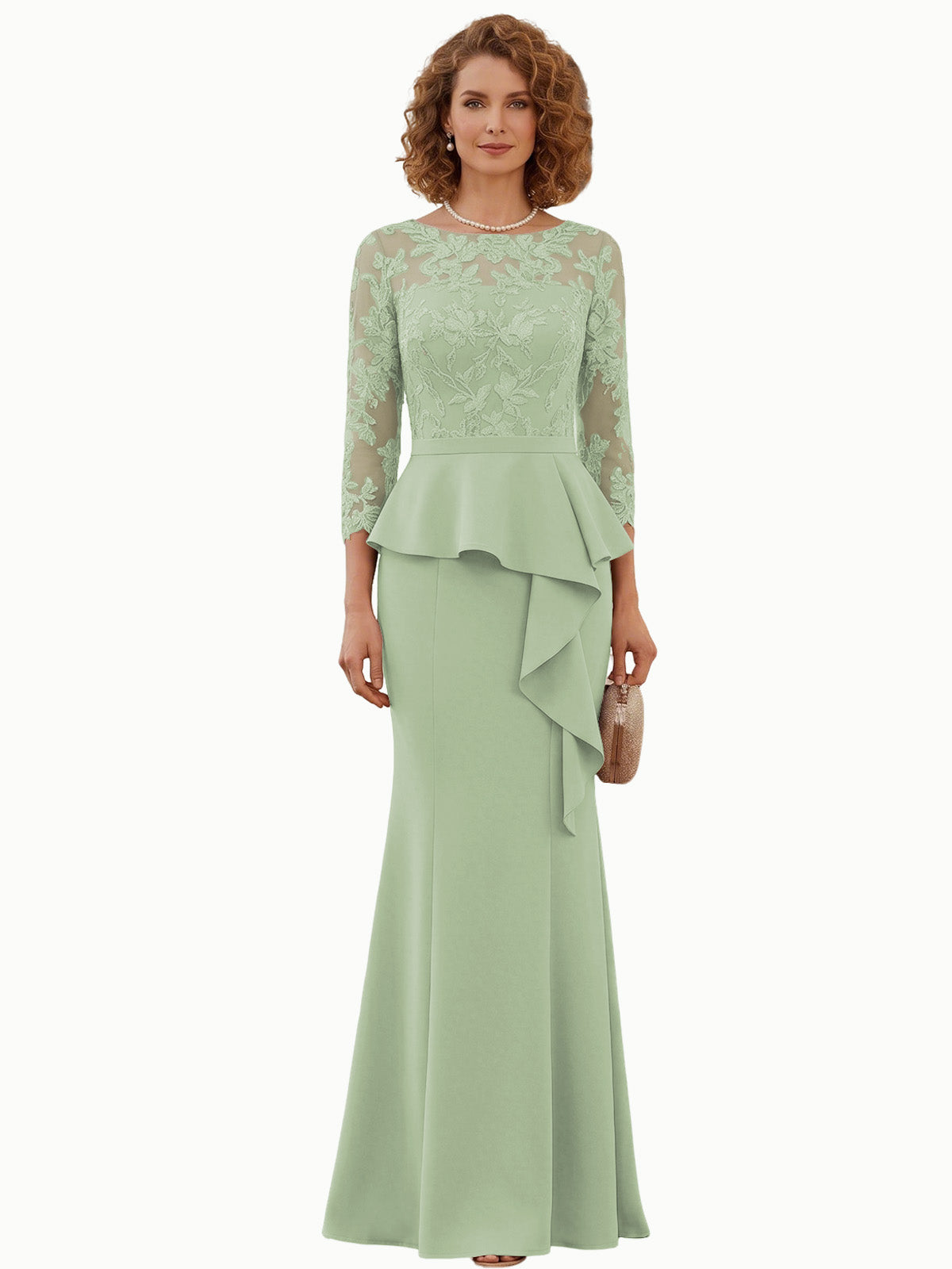Long Mother of the Bride Dress Lace Illusion Bodice Peplum Mermaid Formal Evening Gown