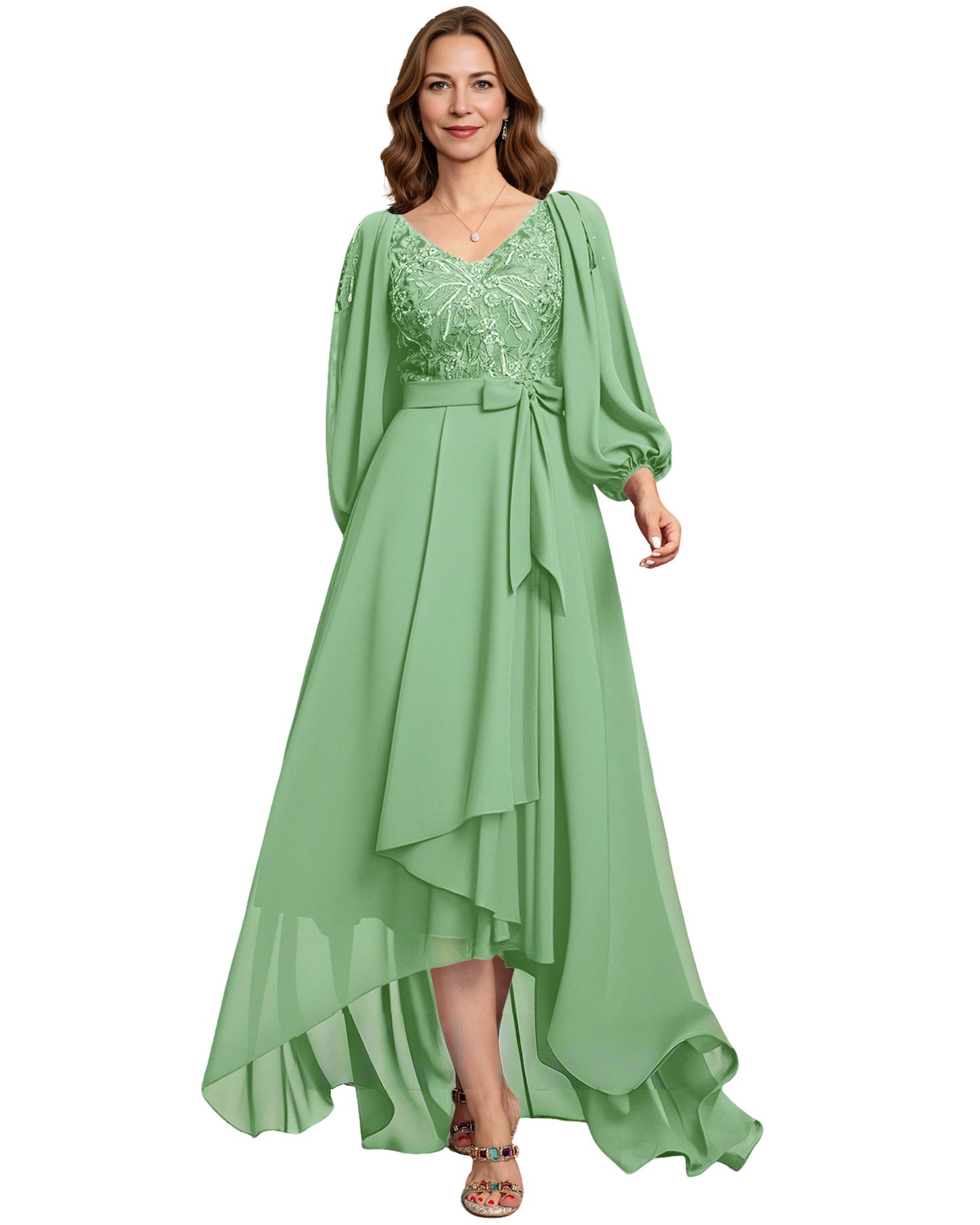 High Low Mother of the Bride Dress Lace Bodice Chiffon Jacket Formal Wedding Gown