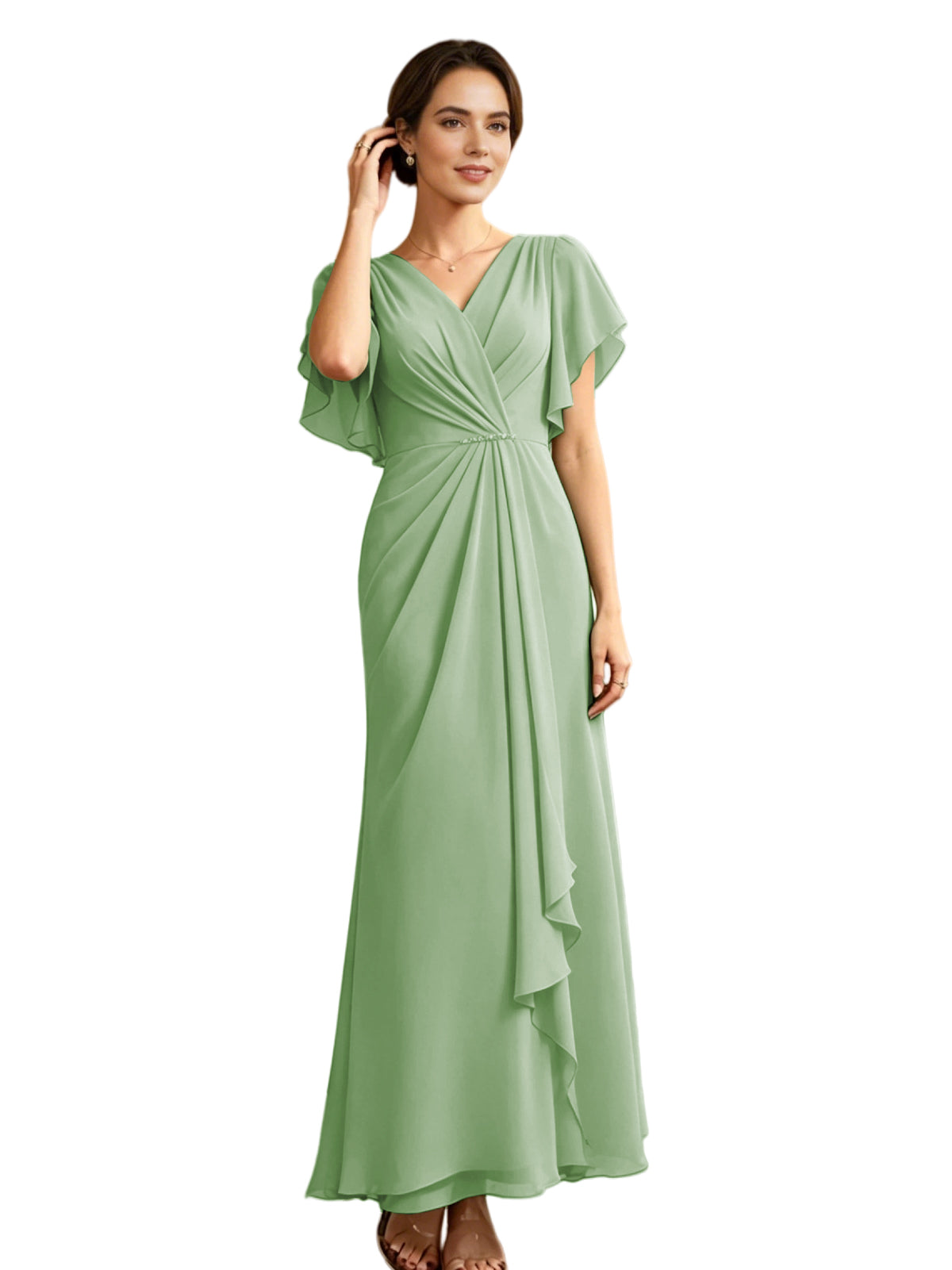 Long Chiffon Mother of the Bride Dress V-Neck Flutter Sleeve A-Line Gown with Beaded Waist