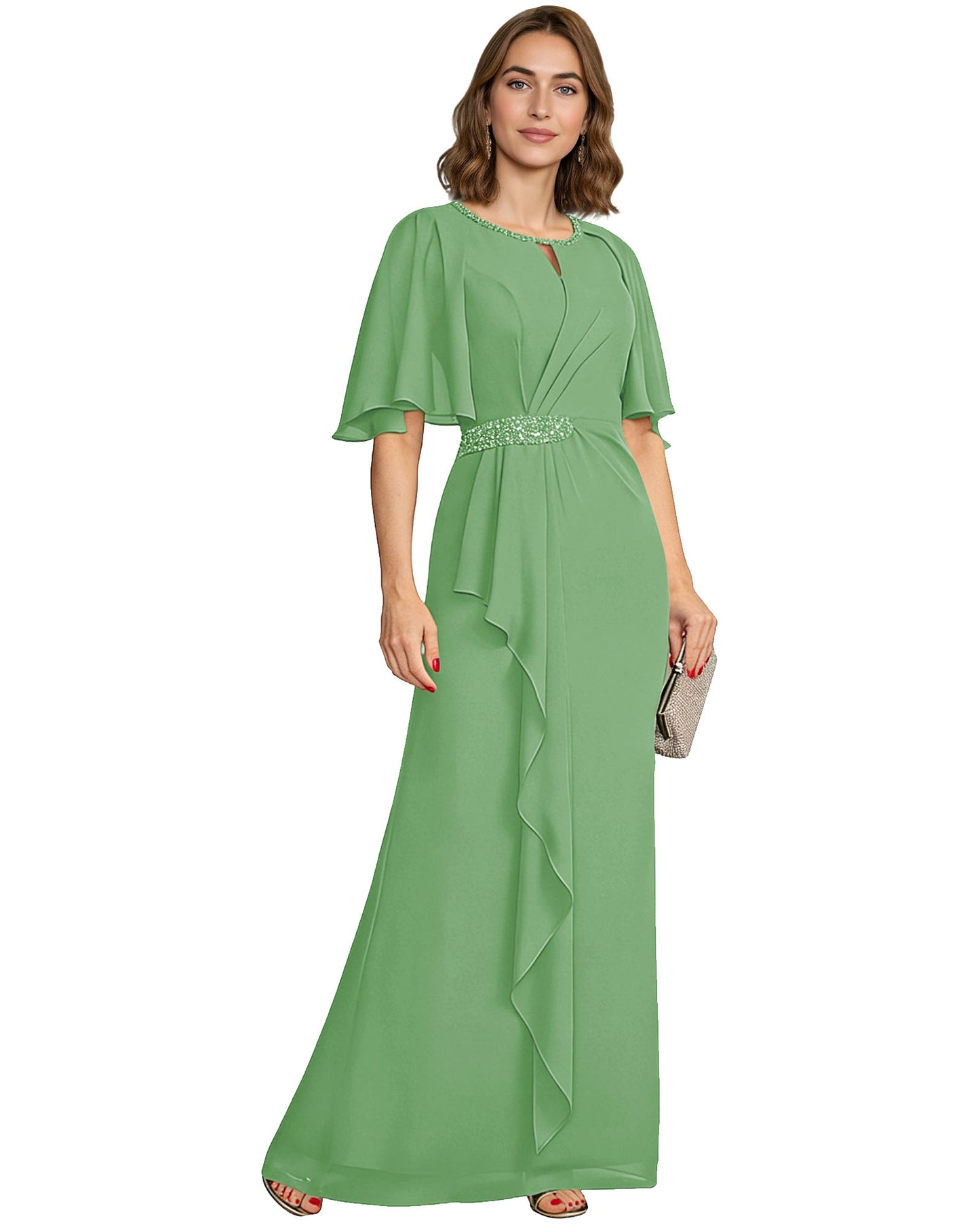 Long Mother of the Bride Dress Chiffon Flutter Sleeve Beaded Waist Formal A-Line Gown