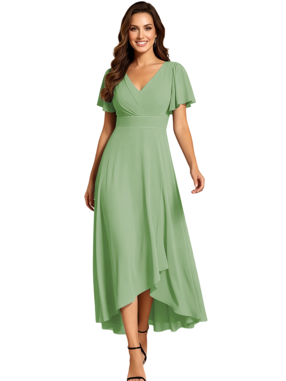 High Low Mother of the Bride Dress V-Neck Flutter Sleeve Chiffon Formal Gown