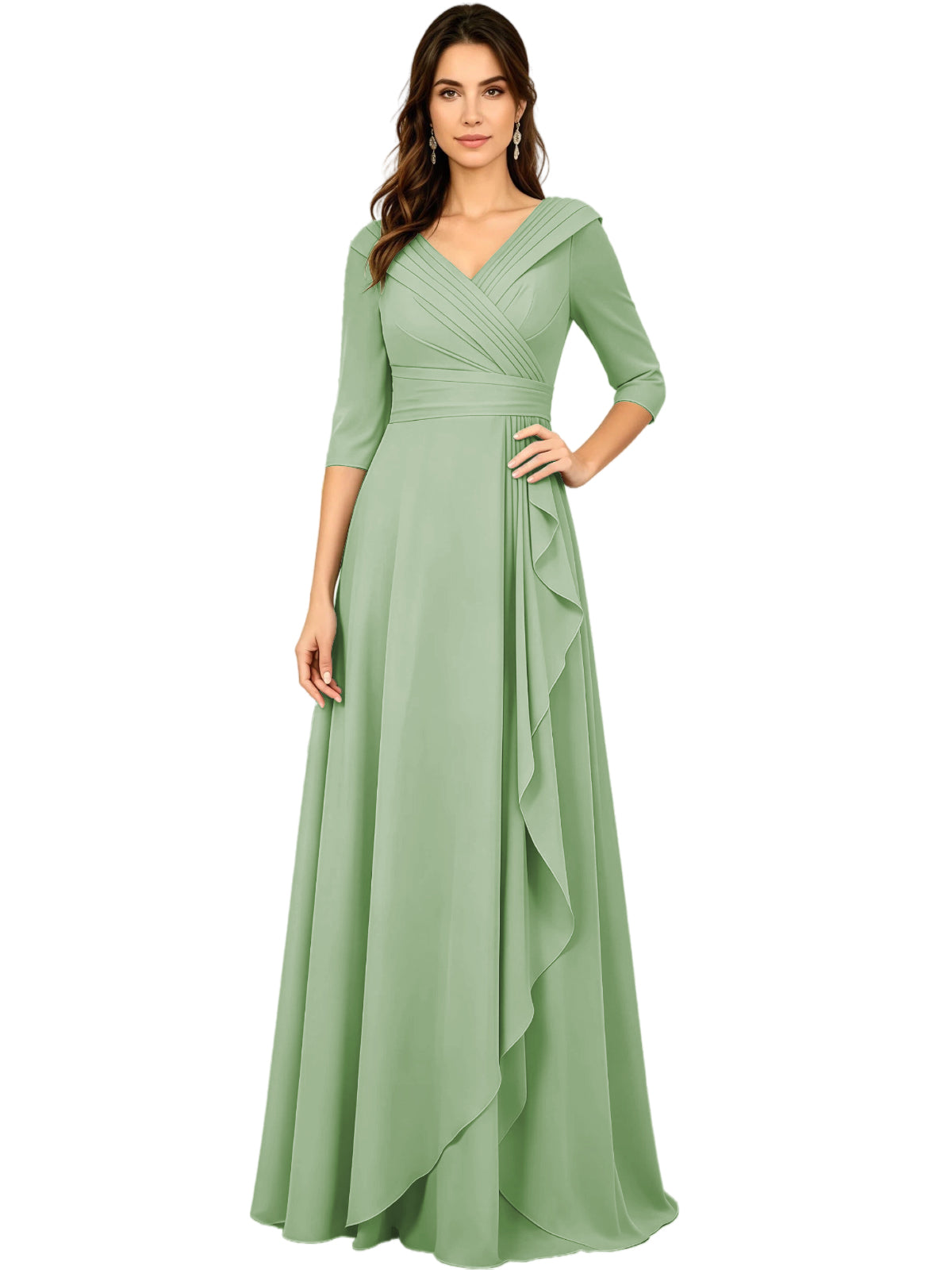 Long V-Neck Mother of the Bride Dress Chiffon Half Sleeve A-Line Gown with Side Ruffle