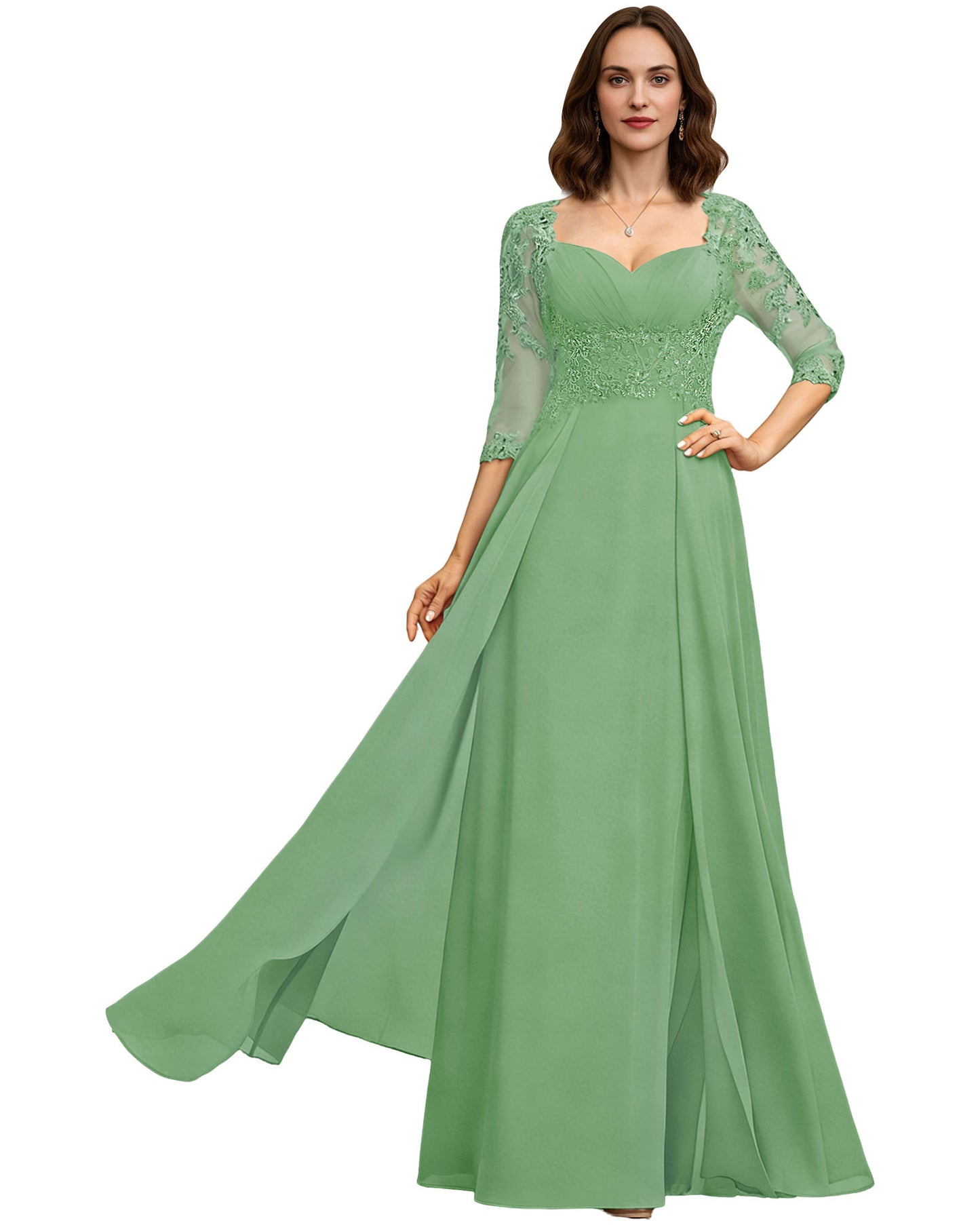 Long Sweetheart Mother of the Bride Dress Lace 3/4 Sleeve Chiffon A-Line Gown