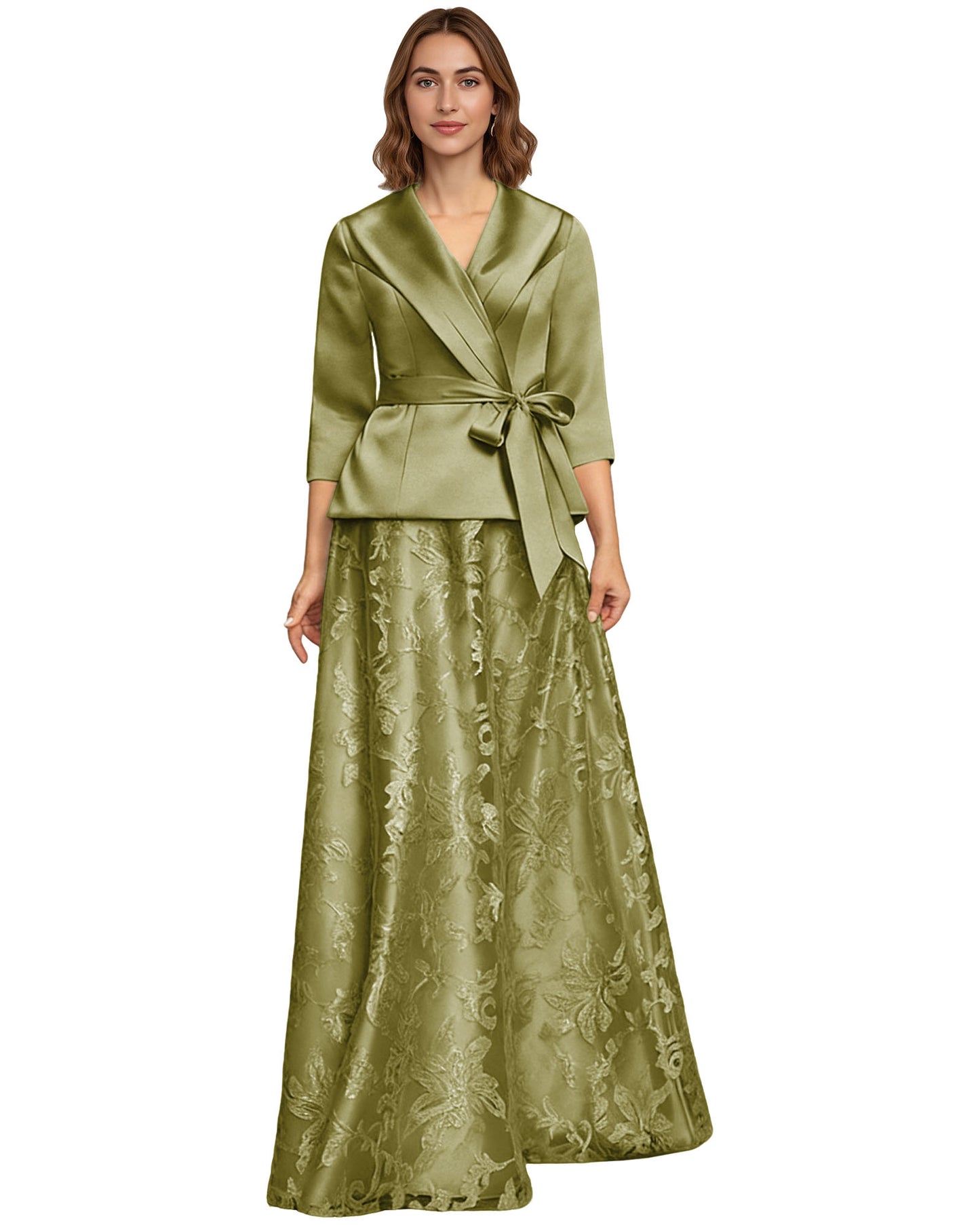 Two Piece Mother of the Bride Dress Satin Wrap Top Embroidered Long Skirt Formal Set