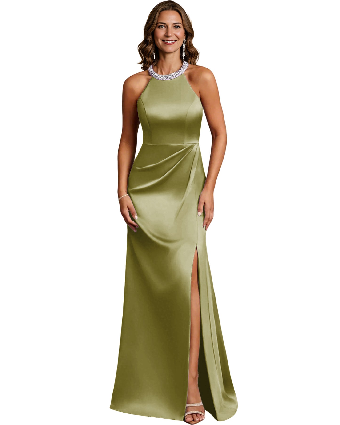 Halter Neck Mother of the Bride Dress Satin Mermaid Gown with Beaded Collar and Slit