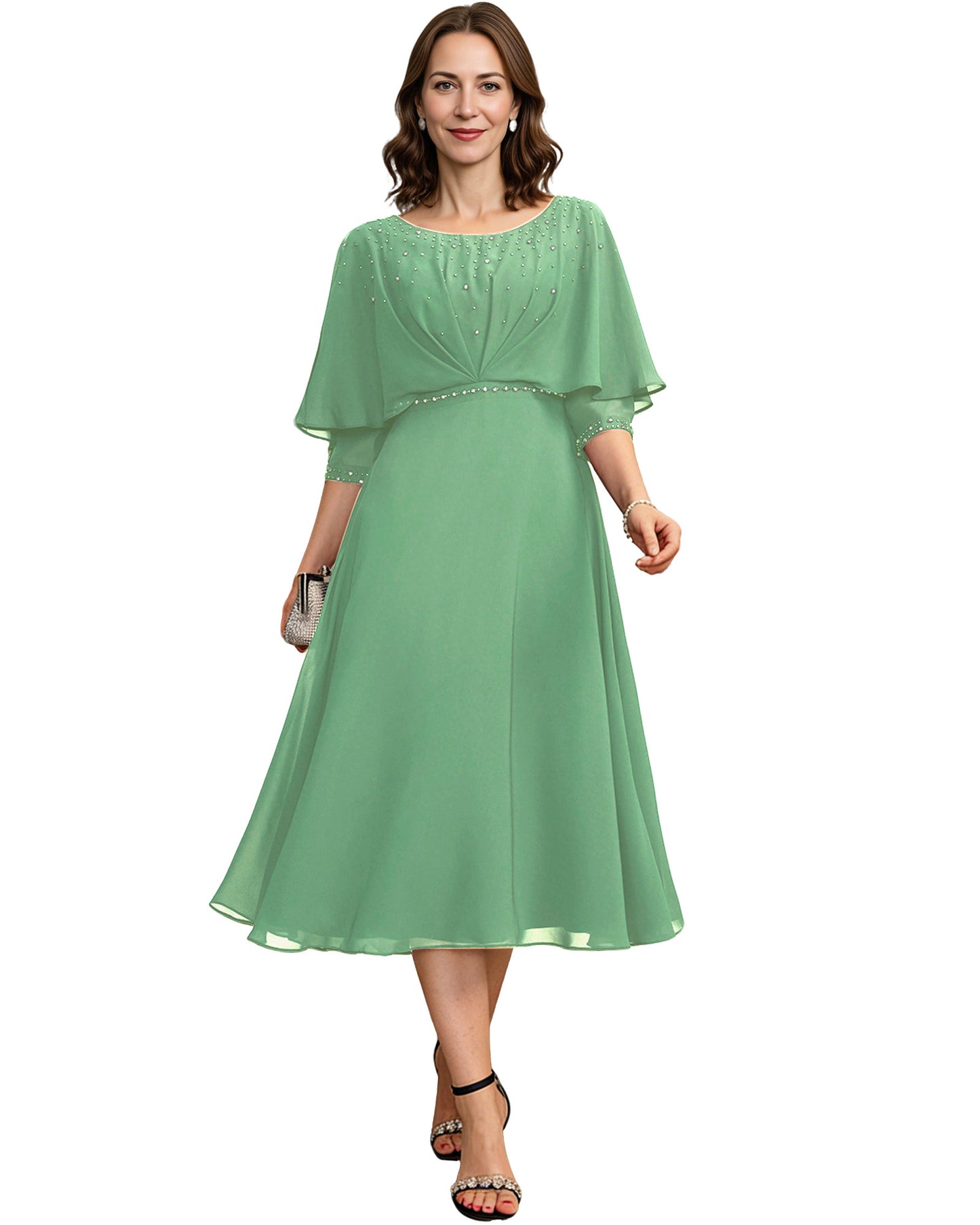 Beaded Cape Mother of the Bride Dress Tea Length Chiffon A-Line Formal Guest Gown
