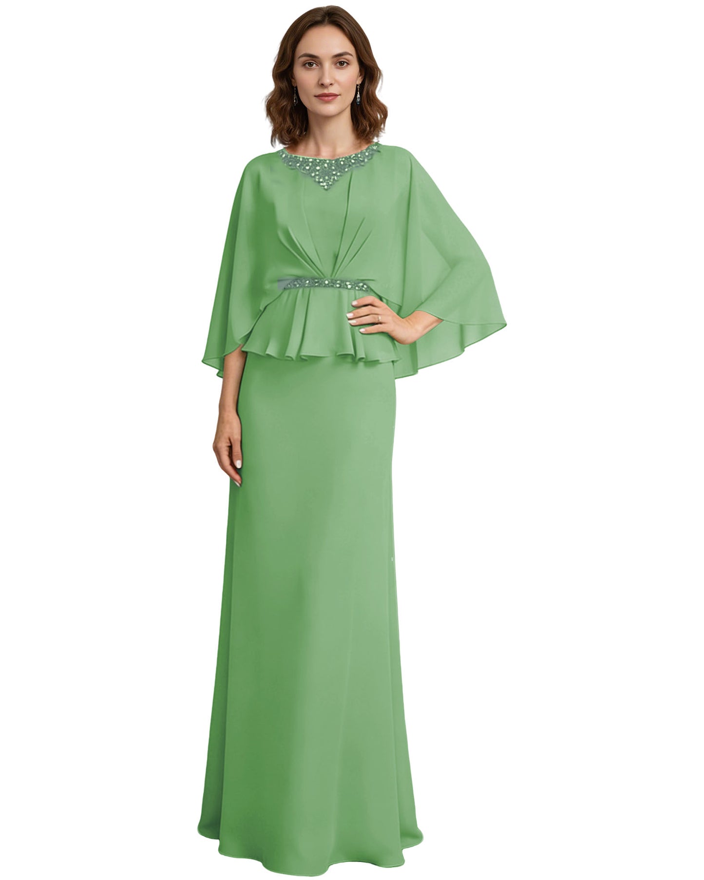 Capelet Mother of the Bride Dress Long Beaded Neck Peplum Chiffon Formal Gown