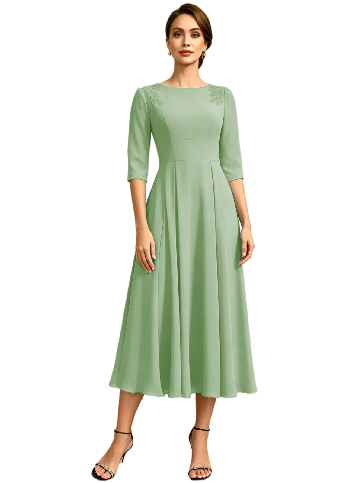 Tea Length Mother of the Bride Dress Jewel Neck Chiffon A-Line Formal Gown with Embroidery