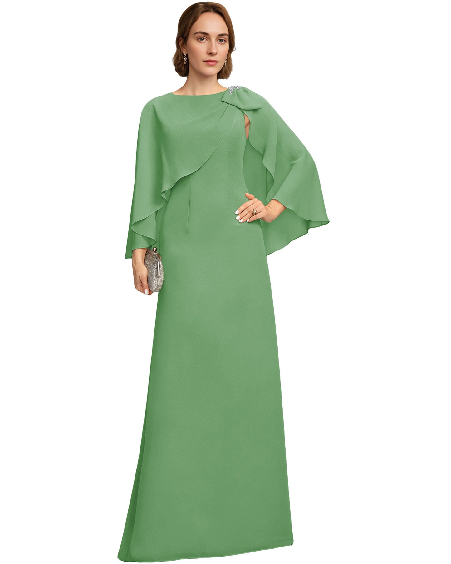 Long Cape Sleeve Mother of the Bride Dress Jewel Neck Chiffon Column Gown with Bow Detail