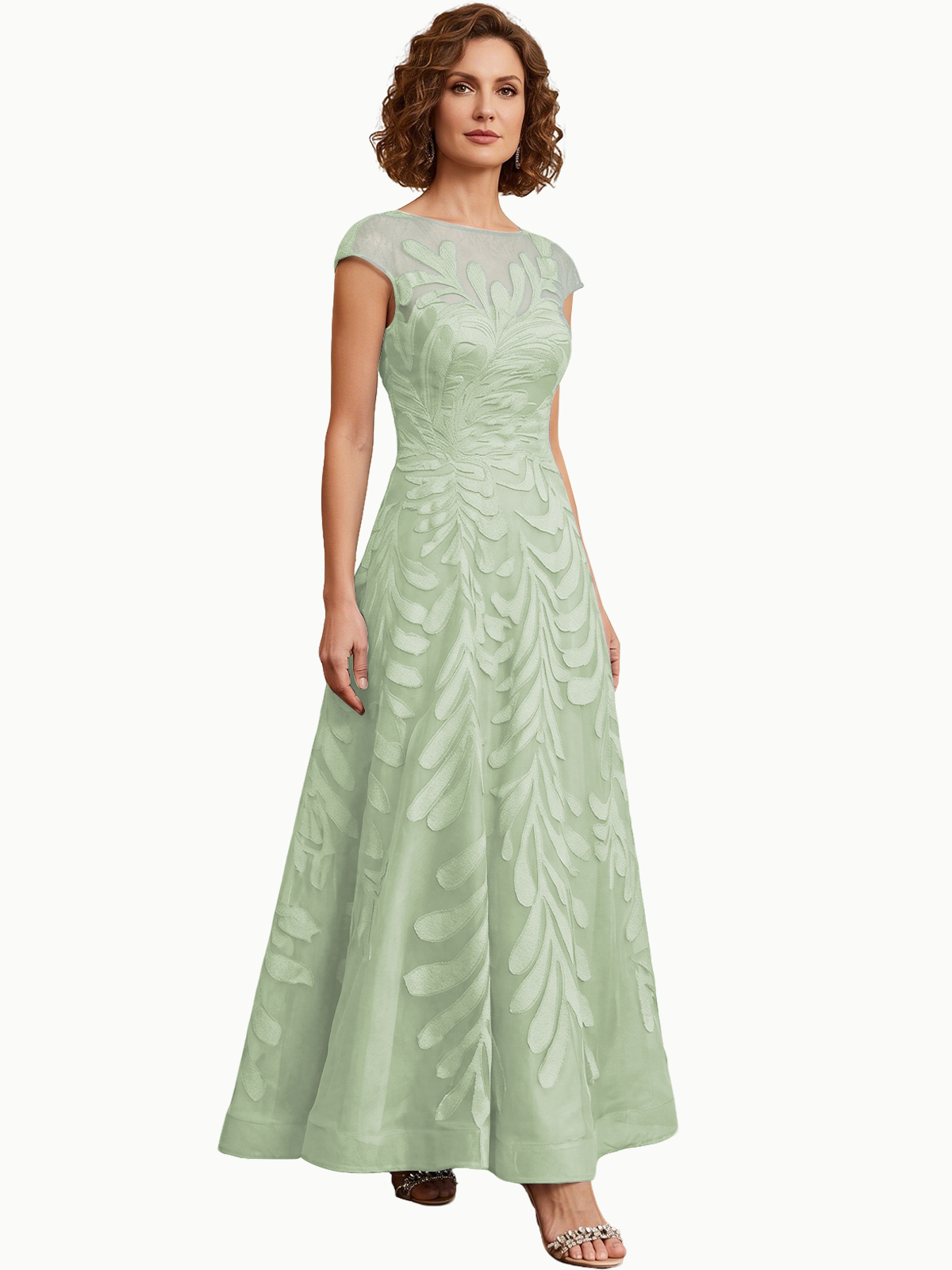 Embroidered Tulle Mother of the Bride Dress Long A-Line Gown with Illusion Cap Sleeves