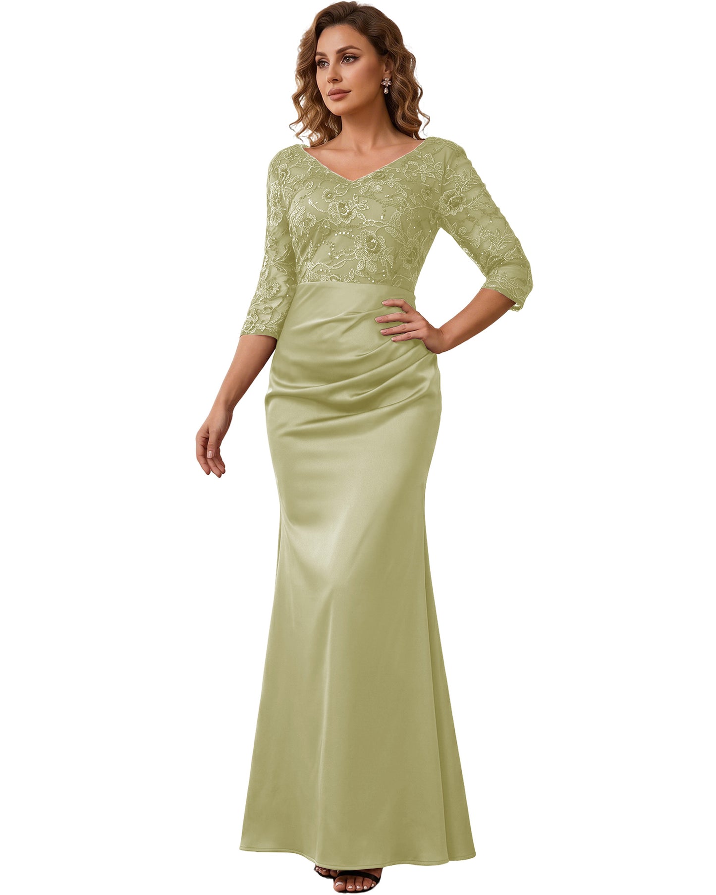 Mother of the Bride Dress Long Lace Mermaid Formal Gown with 3/4 Sleeves