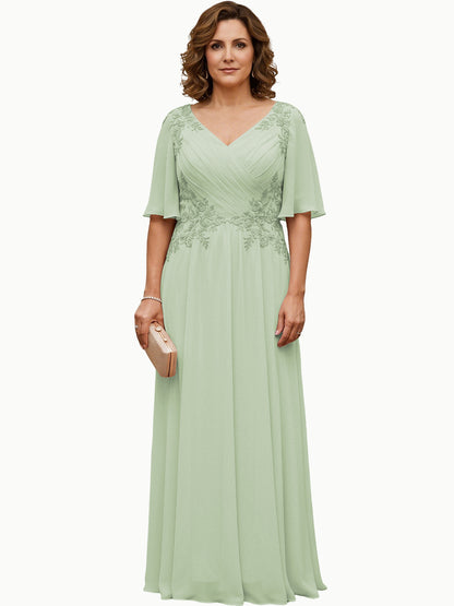 Mother of the Bride Dress Long Chiffon A-Line Gown with Flutter Sleeves and Beaded Lace