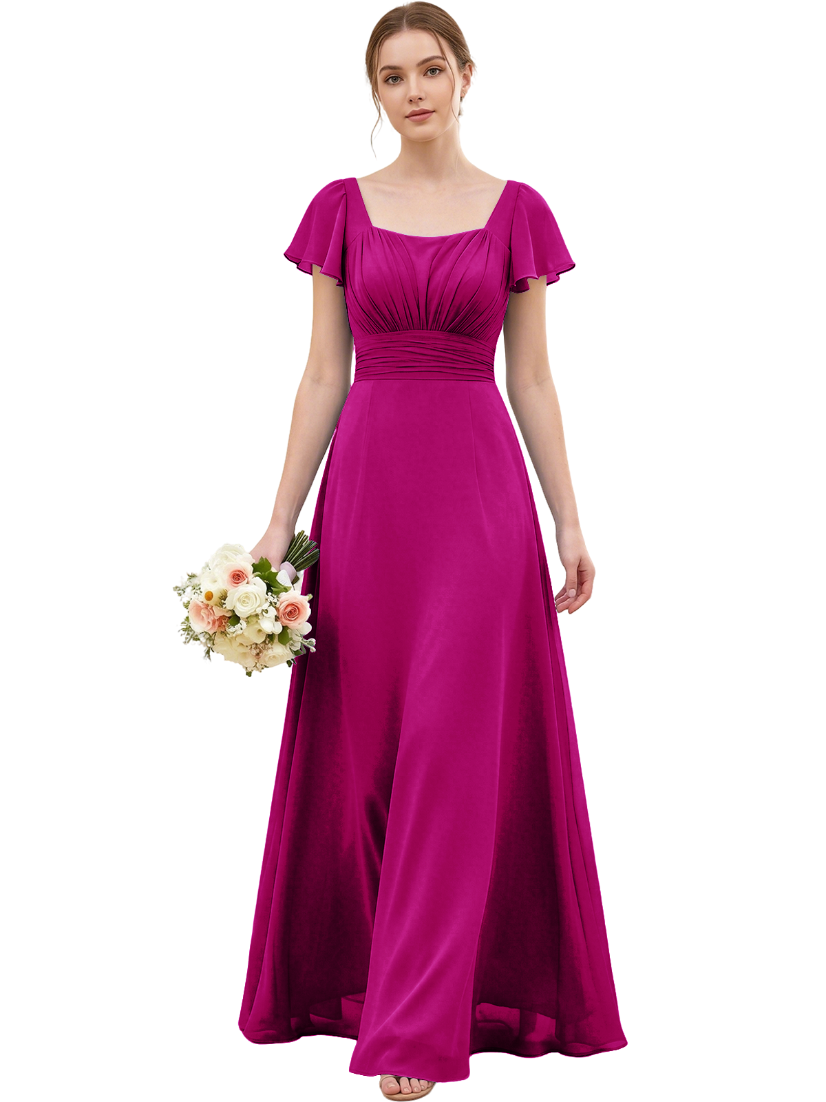 Square Neck Chiffon Bridesmaid Dress with Flutter Sleeves and Lace-Up Back