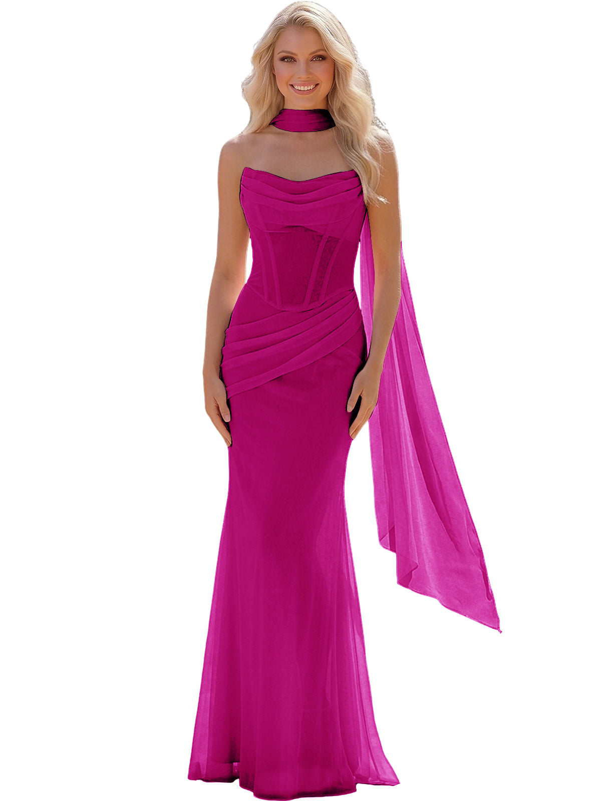 Strapless Chiffon Bridesmaid Gown with Sheer Boned Bodice, Ruched Waist and Scarf