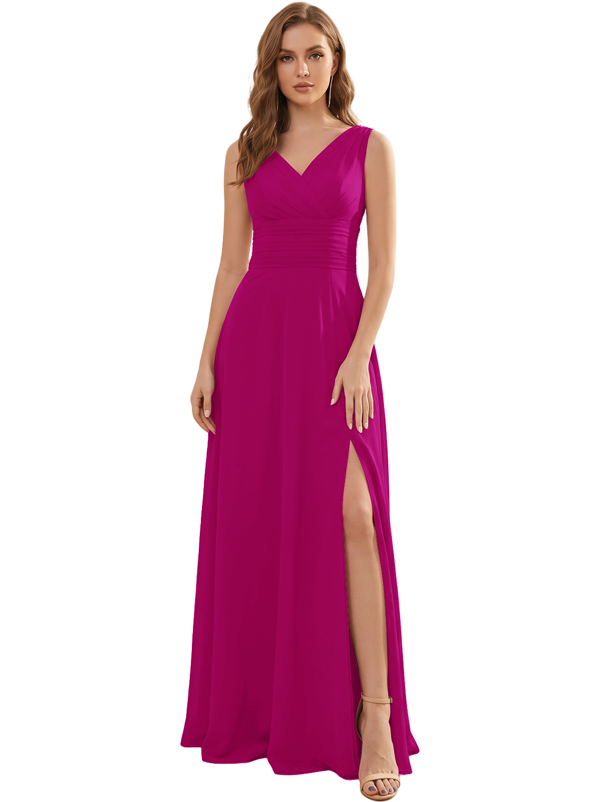 V-Neck Chiffon Bridesmaid Dress with Ruched Waist and Slit