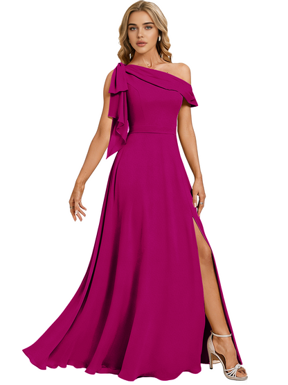 Asymmetric Off Shoulder Bridesmaid Dress with Draped Sleeve and Slit