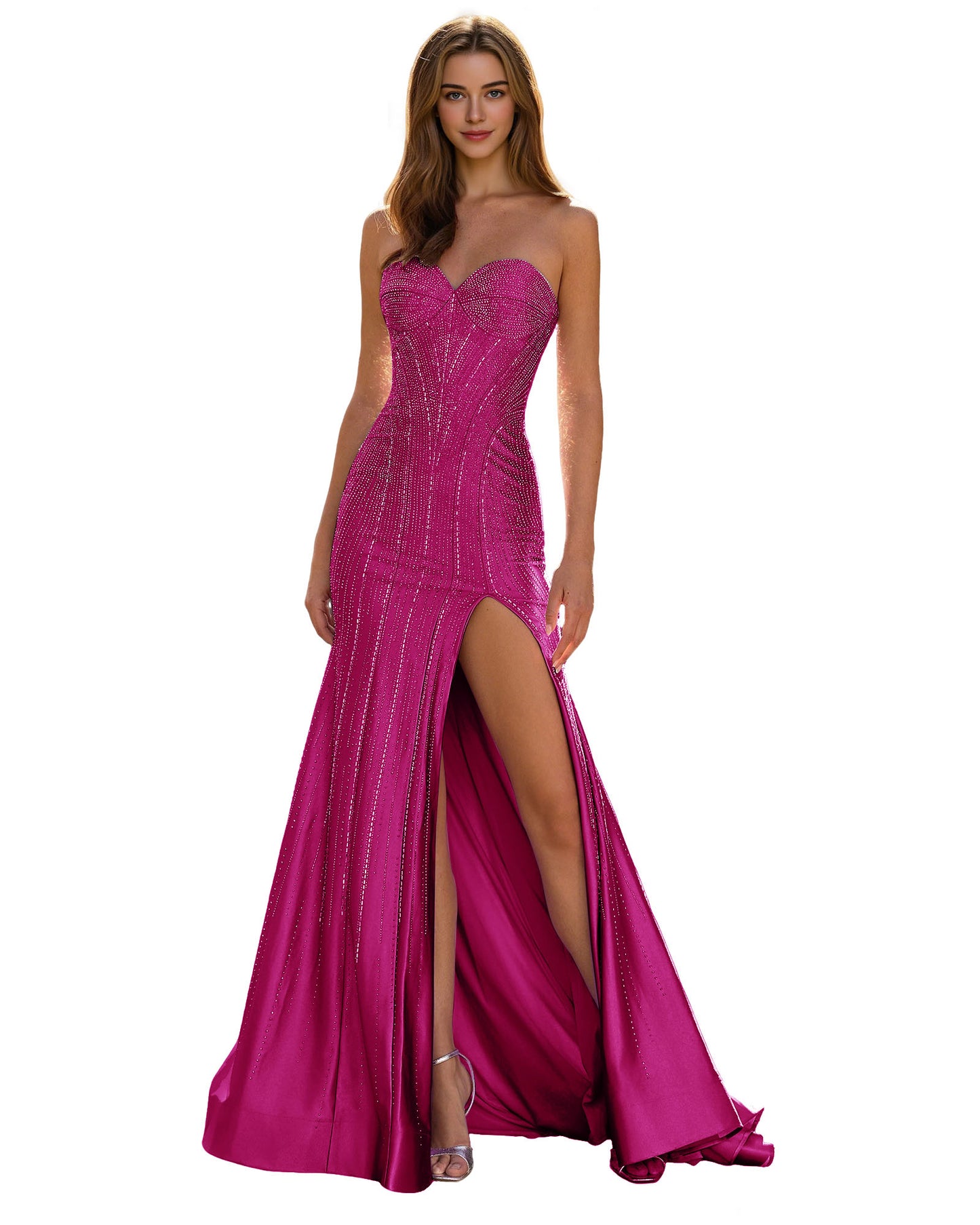 Strapless Sequin Column Prom Dress with Side Slit and Sweep Train