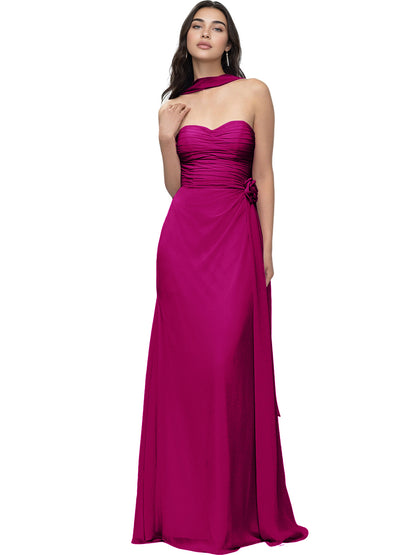 Strapless Chiffon Bridesmaid Dress with Wrapped Bodice and Slit Dress