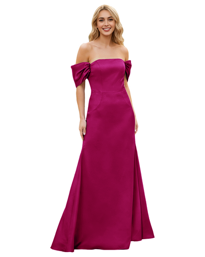 Off Shoulder Satin Bridesmaid Dress with Foldover Neckline and Trumpet Dress