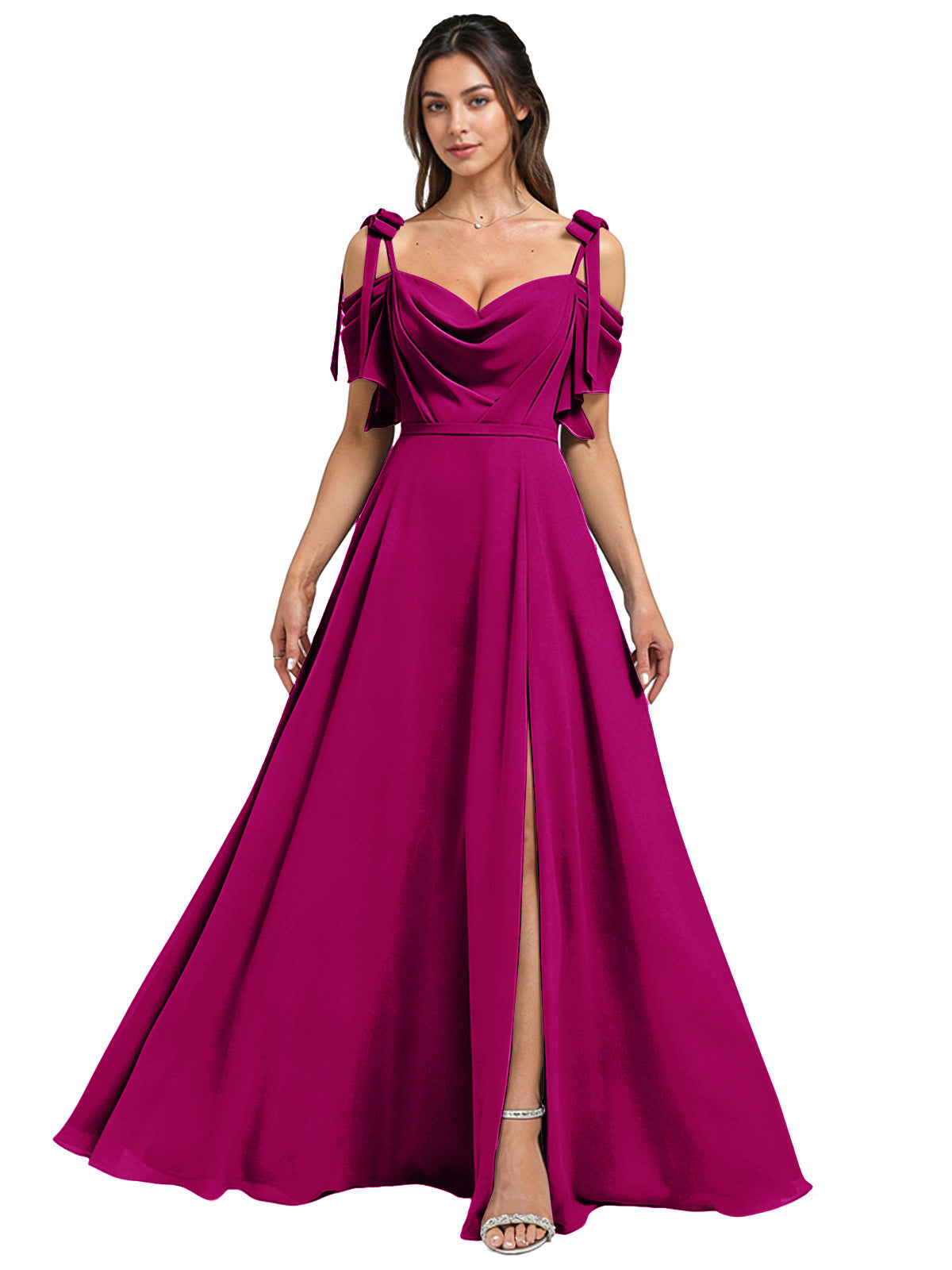 Cowl Neck Cold Shoulder Bridesmaid Dress with High Slit Chiffon Dress