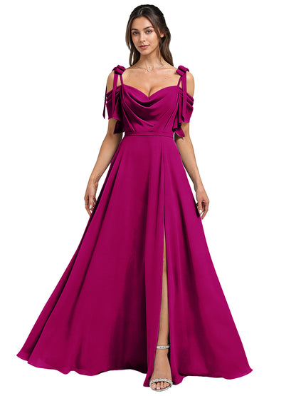 Cowl Neck Cold Shoulder Bridesmaid Dress with High Slit Chiffon Dress