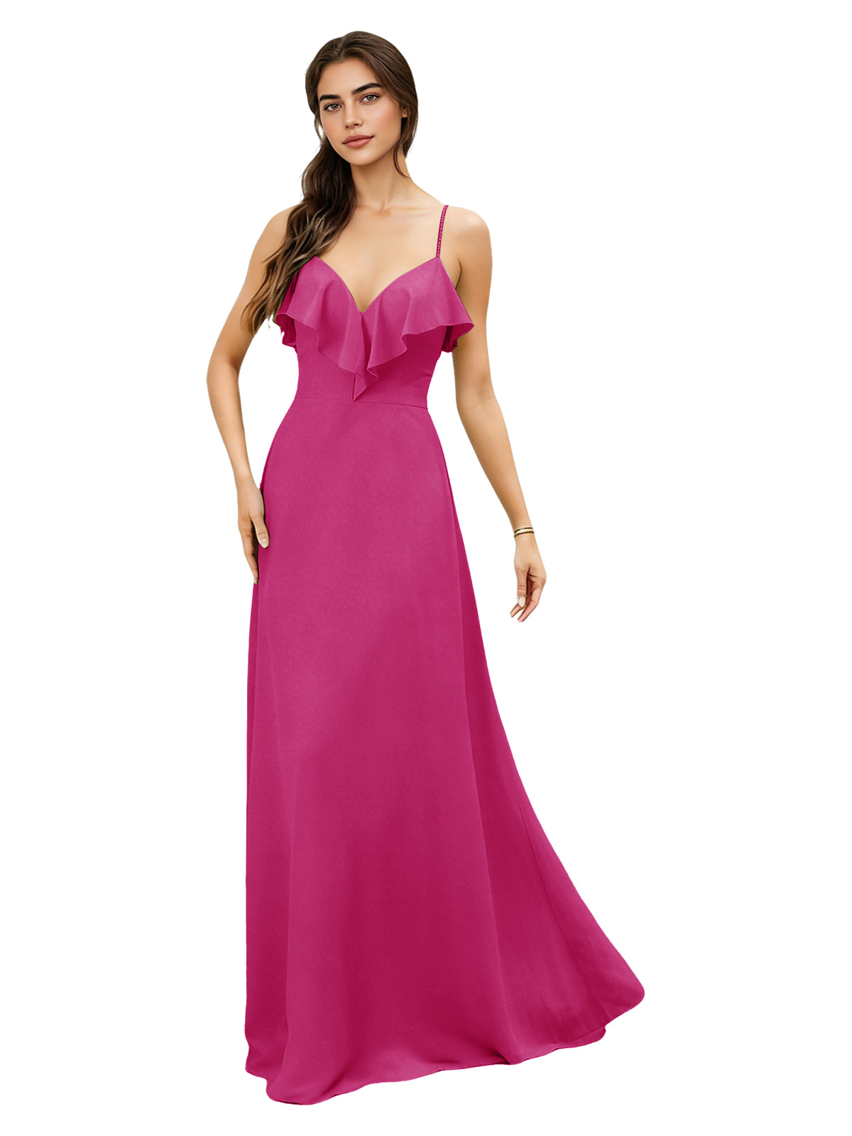 Ruffle V-Neck Chiffon Bridesmaid Dress with Spaghetti Straps