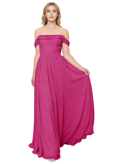 Off Shoulder Pleated Chiffon Bridesmaid Dress with Flowing A-Line Dress