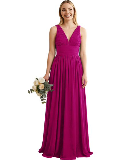 Deep V-Neck Chiffon Bridesmaid Dress with Pleated Waist
