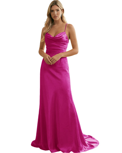 Spaghetti Straps Ruched Satin Floor Length Bridesmaid Dress