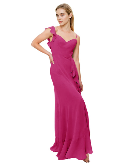 V-Neck Ruffle Strap Bridesmaid Dress with Cascading Chiffon Dress