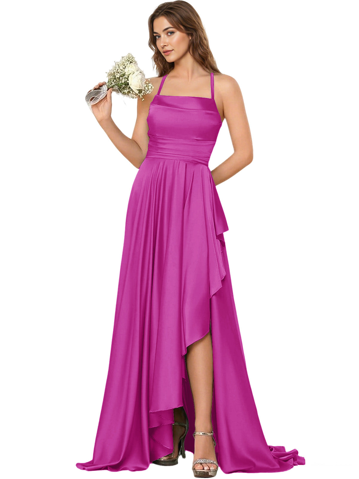 Open Back Halter Bridesmaid Dress with High Low Overlay dress