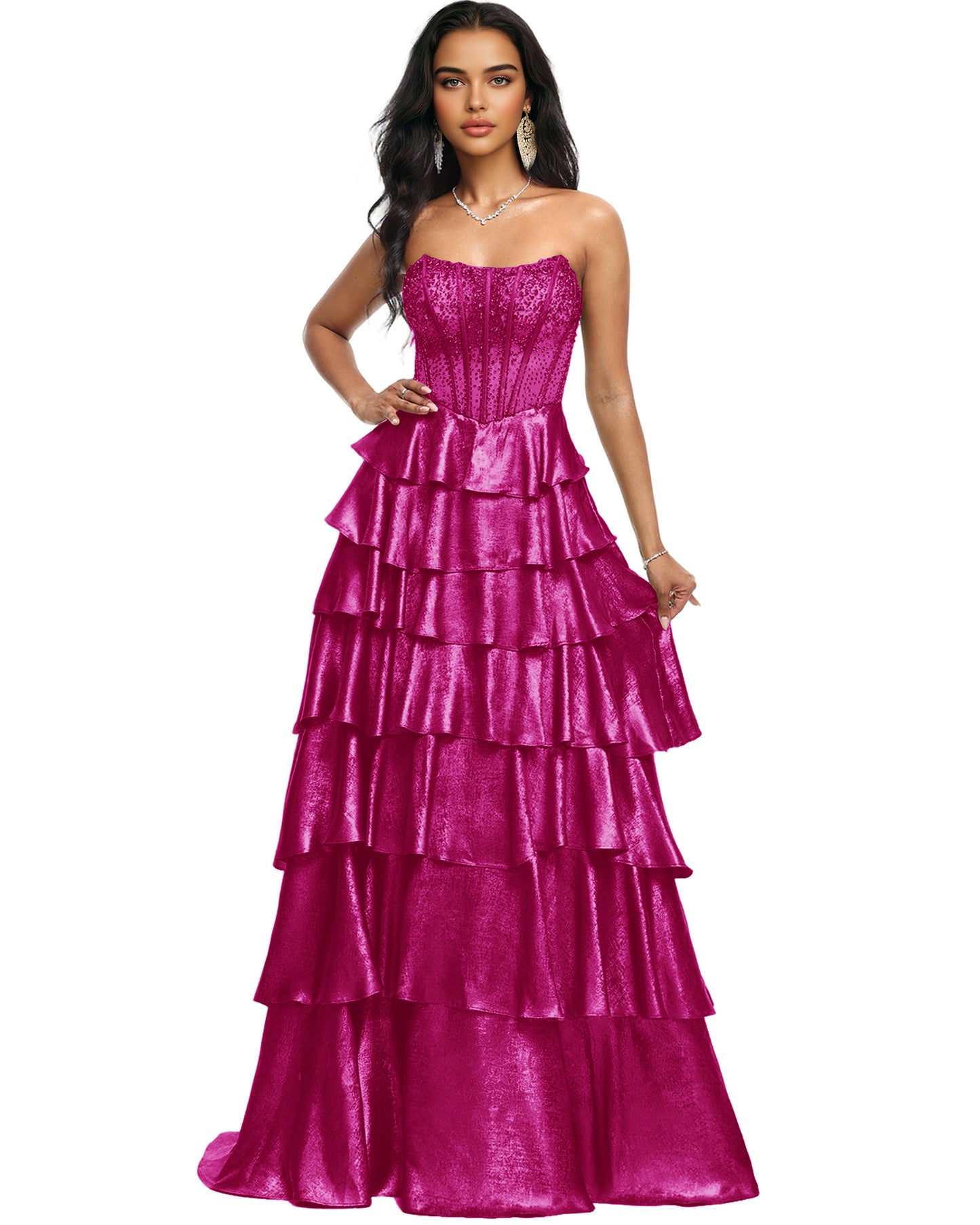 Strapless Tiered Sequin A-Line Prom Dress with Ruffle Layers