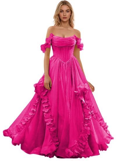 Off Shoulder Ruffle Tulle Ball Gown Prom Dress with Floral Applique
