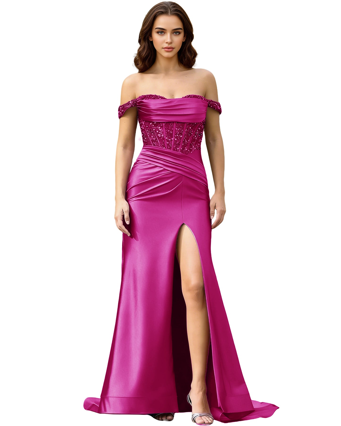 Off Shoulder Ruched Satin Prom Dress with Basque Waist and Front Slit