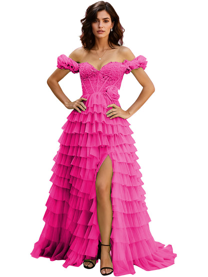 Off Shoulder Tulle Ball Gown Prom Dress with Ruffle Sleeves and Slit
