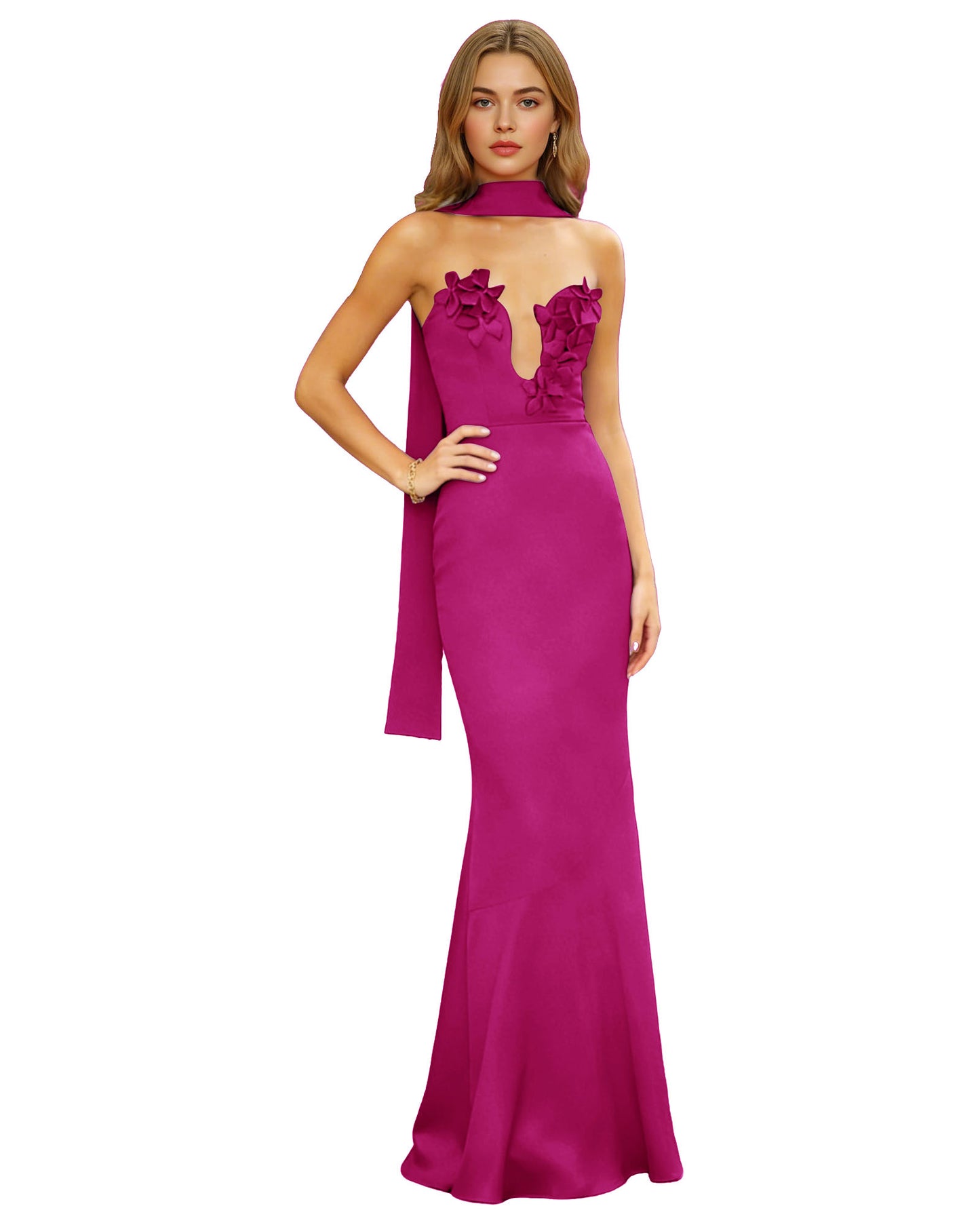 Halter Neck Satin Column Prom Dress with Illusion Cutout and Open Back