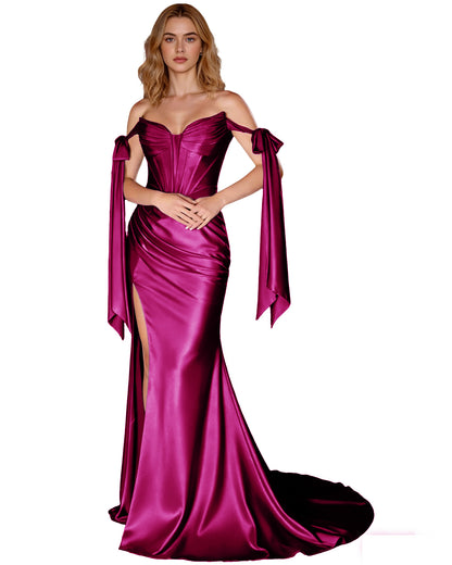 Off Shoulder Satin Mermaid Prom Dress with Detachable Long Sleeves