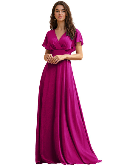 Flutter Sleeve V-Neck Chiffon Bridesmaid Dress with Flowing dress