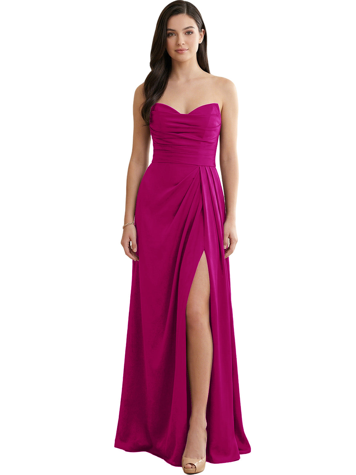 Strapless Pleated Satin Bridesmaid Dress with Side Slit