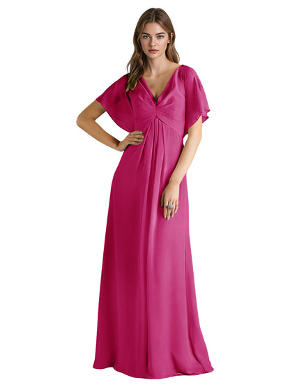 Short Sleeve V-Neck Chiffon Bridesmaid Dress with Gathered Waist