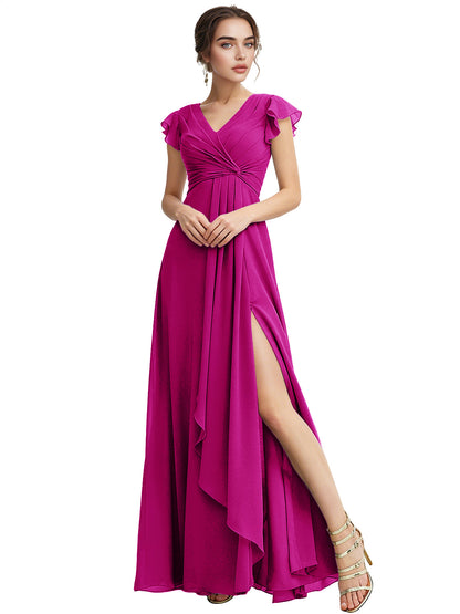 Cap Sleeve Chiffon Bridesmaid Dress with Ruffle V-Neck and Slit