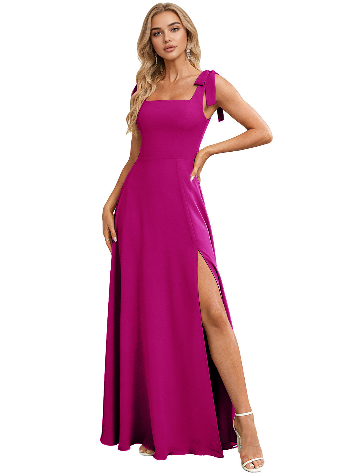 Square Neck Tie Strap Bridesmaid Dress with Side Slit A-Line dress
