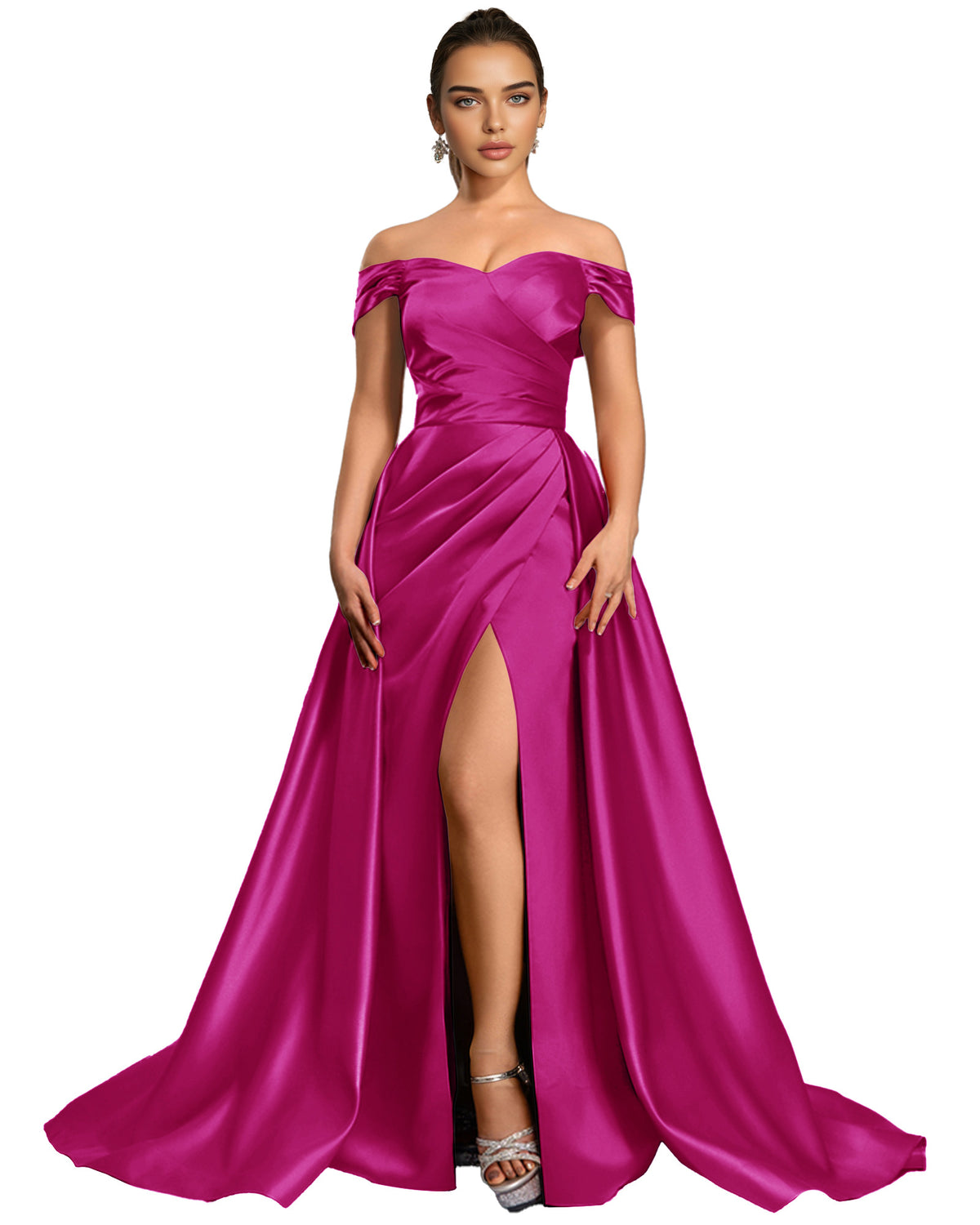 Off Shoulder Satin Ball Gown Prom Dress with Draped Bodice and Slit