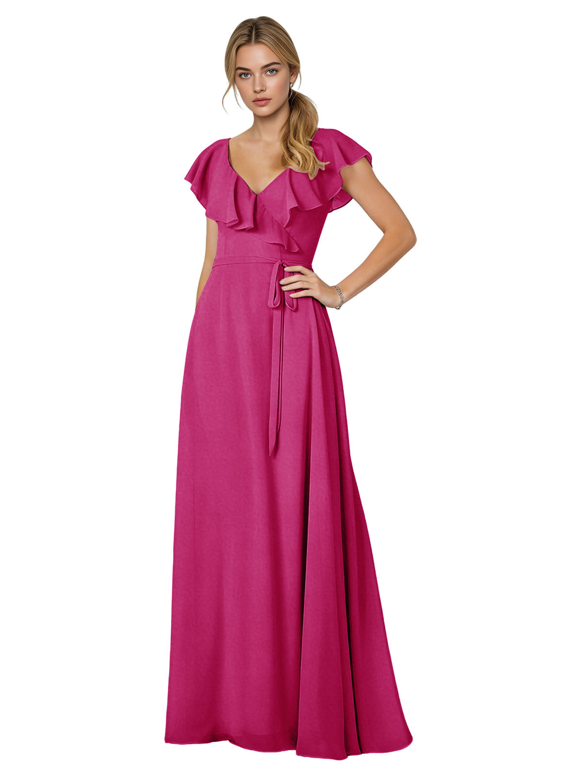 Tie Neck Chiffon Bridesmaid Dress with Flutter Sleeves